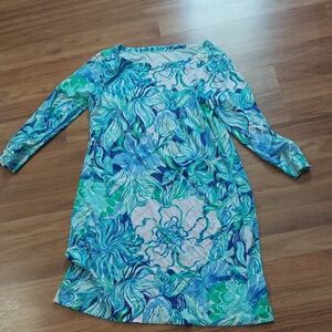 Lilly Pulitzer Teal Blue Floral Long Sleeve Shift Dress